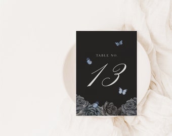 Emily | Butterfly Floral Wedding Table Numbers, Corpse Bride Wedding, Printed Table Numbers, Blue Wedding Decor, Halloween Wedding