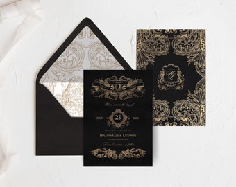 May include: Black and gold wedding invitation with ornate floral designs. The invitation reads "Save the Date" and includes the date "July 23, 2026" for the wedding of Haddasah & Ludwig.