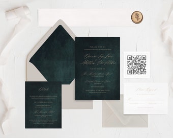 Juliet | Emerald Wedding Invitation Set, Moody Dark Green Wedding Invitations, Printed Wedding Invite, Dark Academia with Modern Calligraphy