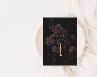 Fae | Printed Wedding Table Numbers, Fine Art Moody Floral Design, Elegant Script Table Number Cards, 5x7 Size, Moody Floral Design