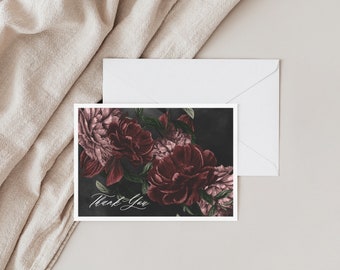 May include: A thank you card with a dark background and a floral design featuring burgundy and pink peonies. The text "Thank You" is written in white cursive.