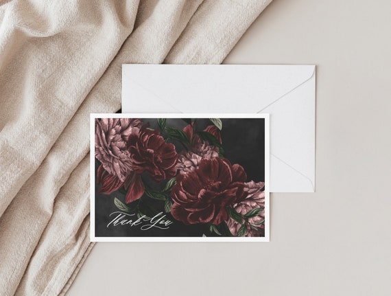 Ava | Modern Moody Floral Thank You Cards, Bridal Shower Thank You Card, Baby Shower Thank You Cards, Cards w/ Envelopes, Wedding Thank You