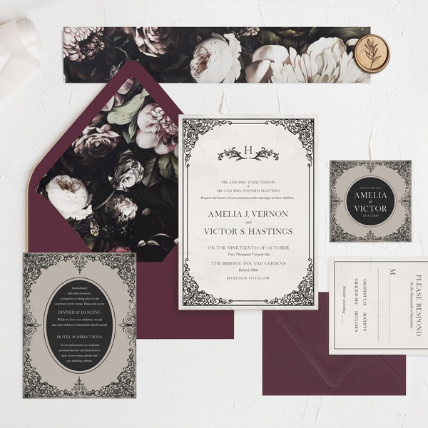 Victoria | Gothic Wedding Invitation Suite, Elegant Wedding Invitations, Victorian Wedding Invitation Set, Halloween Wedding