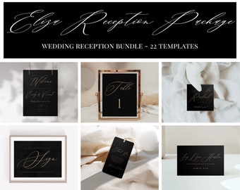 Eliza: Wedding Reception Template Bundle, Modern Minimal Reception Bundle, Black and Gold Wedding,