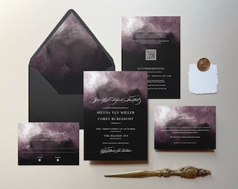 Invitaciones de boda de acuarela de color púrpura oscuro imprimibles, invitaciones de color púrpura oscuro imprimibles, plantilla de invitación de boda de mal humor, incluye forro