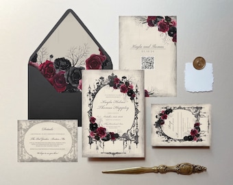 Circe: Halloween Wedding Invitations, Printable Dark Moody Floral Invitations, Red and Black Wedding Invitation, Envelope Liner Included