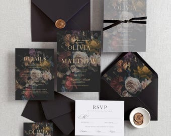 Laisha | Dark Floral Wedding Invitation Set, Moody Floral Wedding Invitations, Printed Wedding Invite, Modern Floral Wedding Invitation