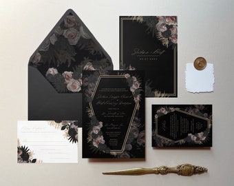 Sedona: Black and Gold Floral Wedding Invitation Template, Printable Invitation Suite, Moody Floral Wedding Invitation, Halloween Wedding
