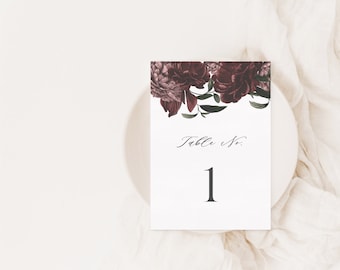 Ava | Printed Wedding Table Numbers, Burgundy & Dusty Rose Floral Design, Elegant Script Table Number Cards, 5x7 Size, Moody Floral Design