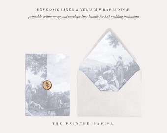 Printable Wedding Vellum Wrap and Envelope Liner for 5x7 Wedding Invitations, Vellum Wrap & Liner Mini Bundle, Blue Toile Tree Design