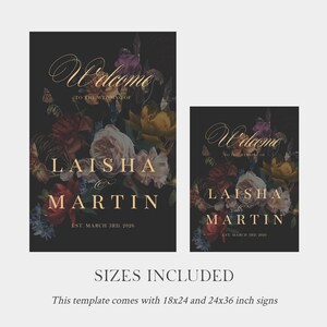 May include: Two black welcome signs with gold lettering and floral designs. The text on the signs reads "Welcome to the wedding of Laisha & Martin" and includes the date "March 3rd, 2026". The signs are available in 18x24 and 24x36 inch sizes.