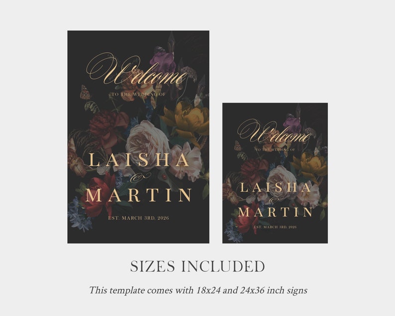 May include: Two black welcome signs with gold lettering and floral designs. The text on the signs reads "Welcome to the wedding of Laisha & Martin" and includes the date "March 3rd, 2026". The signs are available in 18x24 and 24x36 inch sizes.