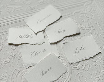 Calligraphy Place Cards, Handmade Paper, Deckled Torn Edge Place Card, Raw Edge Place Card