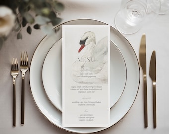 Maraal | Klassiek ivoor bruiloftsmenu, ivoor bruiloft menukaart, bruiloft dinermenu, 4x8 inch, elegant menu, elegant zwaanontwerp