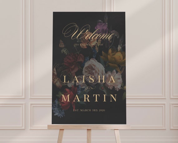 Laisha: Moody Wedding Welcome Sign, Moody Floral Wedding Welcome Sign, Dark Moody Wedding, Welcome Sign Template, Instant Download, Templett