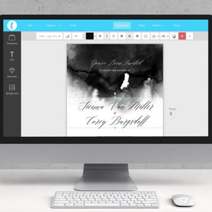 May include: A black and white wedding invitation with a watercolor background. The text reads "You've Been Invited to Attend the Wedding of Sienna Van Miller & Corey Burgstoff".