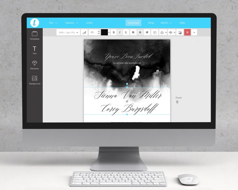 May include: A black and white wedding invitation with a watercolor background. The text reads "You've Been Invited to Attend the Wedding of Sienna Van Miller & Corey Burgstoff".