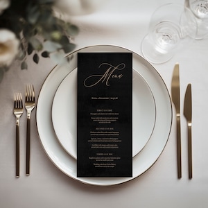Eliza | Gedrukt trouwmenu, zwart-gouden menukaart, dinermenu bruiloft, 4 x 8 inch, elegant menu