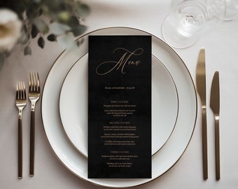 Eliza | Printed Wedding Menu, Black and Gold Menu Card, Wedding Dinner Menu, 4x8 Inches, Elegant Menu