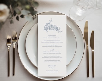 May include: A wedding menu card with a floral design in blue and white. The menu includes starters, main courses, and dessert options. The text reads: "STARTERS", "Pineapple and cilantro tart with brie cheese", "Caesar salad with anchovies and croutons", "(Caesar dressing and balsamic pepper are served on the side)", "Bartholomew soup with vegetables", "(Cream cheese, corn, quinoa, and smoked provolone)", "MAIN", "Chicken cocotte blinis with roasted asparagus", "(Served with cream, herbs and stuffed French bread)", "Spinach, cheese, and herb stuffed peppers", "(Served with French bread and lemon tarragon gravy)", "Cod fillet with mango and sesame salsa", "(Served with corn and seasoned mashed potatoes)", "DESSERT", "Wedding cake", "Assorted macarons and pastries"
