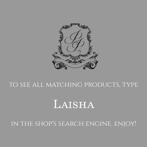 May include: A black and white image of a crest with the letters "LP" inside. The text below the crest reads "TO SEE ALL MATCHING PRODUCTS, TYPE LAISHA IN THE SHOP'S SEARCH ENGINE. ENJOY!"