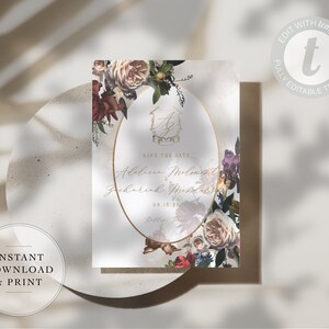 Darby: Moody Floral Save the Date Template, Woodsy Dark Forest Wedding Save the Date, Floral Wedding, Editable Save the Date Template