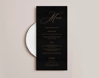 Eliza: Wedding Menu Template, Black & Gold Menu Card, Printable DIY Dinner Menu, Instant Download, Black and Gold Wedding Decor, 4x8 Inches