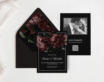 Ava: Moody Floral Save the Date Template, Woodsy Dark Forest Wedding Save the Date, Burgundy Blush Floral, Editable Save the Date Template