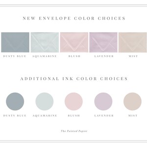 Op de afbeelding: Een grafiek met de keuzes voor envelop- en inktkleuren voor briefpapier. De kleuren zijn stofvrij blauw, aquamarijn, blush, lavendel en mist.