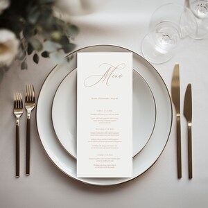 Eliza | Gedrukt trouwmenu, witte en gouden menukaart, dinermenu bruiloft, 4 x 8 inch, elegant menu
