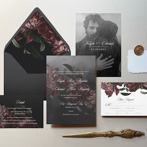 Ava | Moody Floral Wedding Invitation Set, Dark Floral Wedding Invitations, Printed Wedding Invite, Burgundy Blush & Dusty Rose