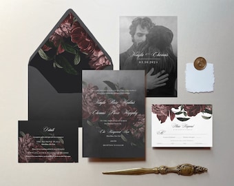 Ava | Moody Floral Wedding Invitation Set, Dark Floral Wedding Invitations, Burgundy Blush & Dusty Rose Wedding, Moody Floral Wedding