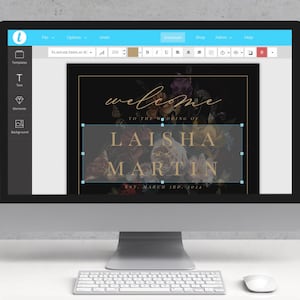 May include: A black and gold wedding invitation with a floral design. The text reads "Welcome to the wedding of Laisha and Martin Est. March 3rd, 2024".
