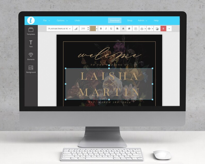 May include: A black and gold wedding invitation with a floral design. The text reads "Welcome to the wedding of Laisha and Martin Est. March 3rd, 2024".