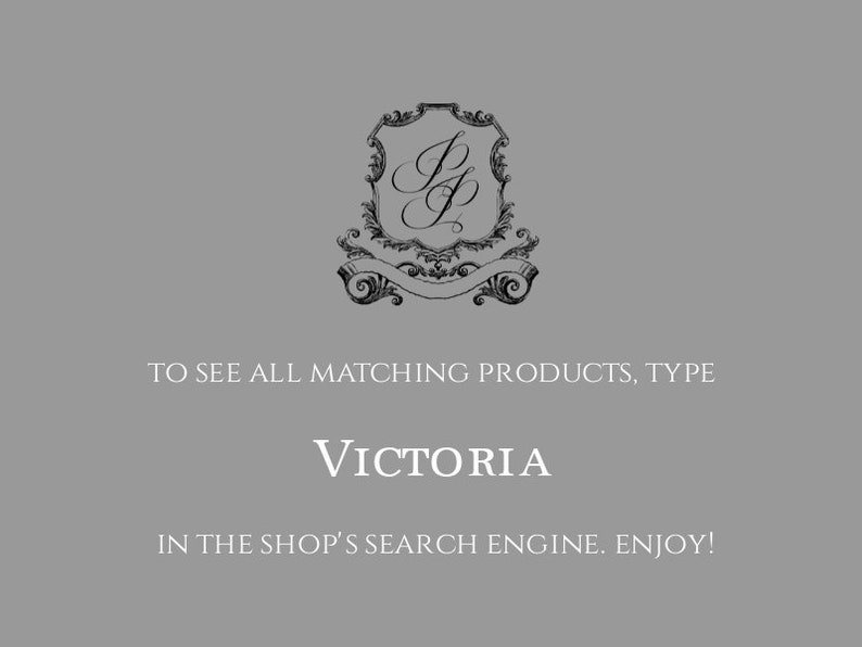 May include: A black and white illustration of a crest with the letters "P & P" inside. The text below reads "TO SEE ALL MATCHING PRODUCTS, TYPE VICTORIA IN THE SHOP'S SEARCH ENGINE. ENJOY!"
