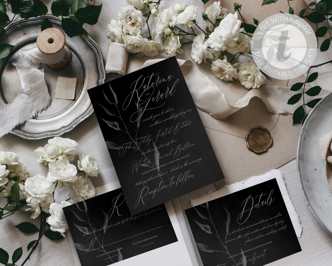 Moody Wedding Invitation Suite, Printable Dark Floral Invitations ...