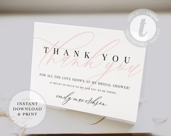 Modern Calligraphy Thank You Flat Card Printable, Wedding or Bridal Shower Note, Editable Template, Instant Download, Templett, Modern