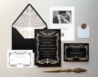 May include: Black and gold wedding invitation suite with ornate floral and scrollwork designs. The invitation features the names Amelia J. Vernon and Victor S. Hastings, the date of the wedding, and the location. The RSVP card includes a place to indicate acceptance or decline. The reception card includes the time and location of the reception. The invitation suite is accented with a black envelope with a gold floral lining.