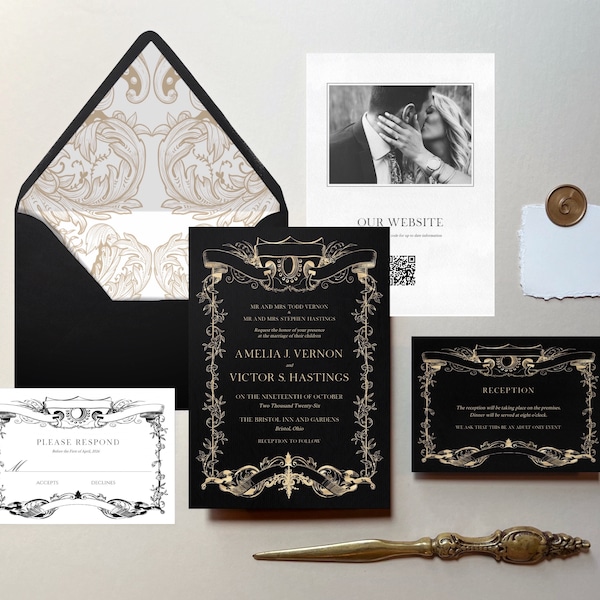 Black and Gold Wedding Invitation Template, Printable Wedding Invitations, Baroque Wedding, Black and Gold Wedding, Envelope Liner Included