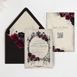 Circe: Halloween-Hochzeitseinladung, rote Rosen-Einladung, druckbare Einladung, vollständig bearbeitbar mit Templett, roter und schwarzer Blumeneinladung