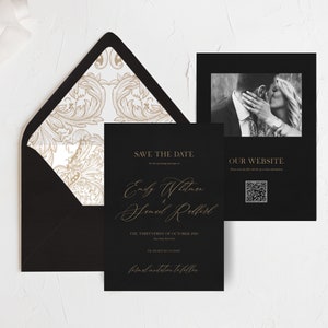 Eliza: Black and Gold Save the Date Template, Save the Date Card Template, Black Gold Wedding Template, Instant Download, Photo and QR Code