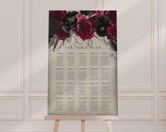 Circe: Plano de asientos de boda de Halloween, Plantilla de plano de asientos de boda, Decoración de boda de Halloween, Plano de mesa de boda, Floral rojo y negro