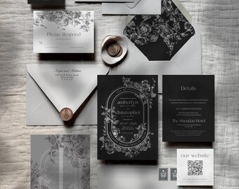 Puede incluir: Conjunto de invitaciones de boda en blanco y negro con diseños florales. La invitación incluye los nombres "amberlyn" y "christopher" y la fecha "05.07.2020". La tarjeta RSVP dice "Por favor, responda". La tarjeta de detalles incluye el texto "The Sheridan Hotel".