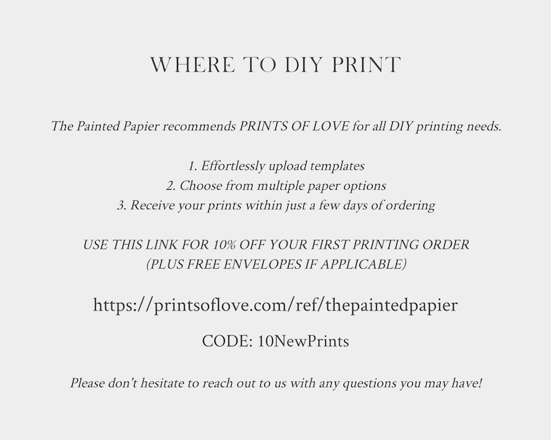 May include: Text graphic with the title "Where to DIY Print" and instructions on how to use Prints of Love for DIY printing needs. The text includes a link to the website, a discount code, and a contact message.