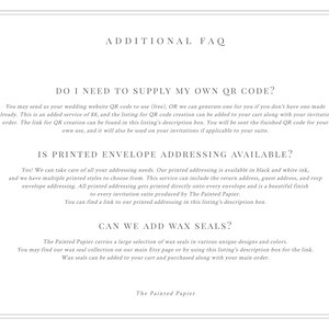 Op de afbeelding: Een FAQ-pagina met de titel "ADDITIONAL FAQ" en drie vragen: "DO I NEED TO SUPPLY MY OWN QR CODE?", "IS PRINTED ENVELOPE ADDRESSING AVAILABLE?" en "CAN WE ADD WAX SEALS?" De pagina bevat ook de tekst "The Painted Papier".
