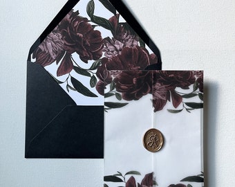 Ava | Moody Floral Vellum Wraps for 5x7 Invitation and Matching Envelope, Moody Floral Envelope, Printed Vellum Wrap, Wrap & Envelope