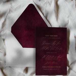 Ophelia | Dark Red Wedding Save the Dates, Wedding Save the Date, Red Burgundy Design with Modern Gold Font, 5x7 Inches