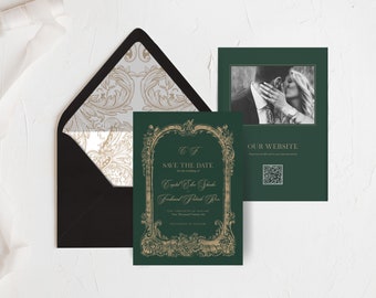 Eden: Green Wedding Save the Date, Green & Gold Wedding Save the Date, Green and Gold Wedding, Engagement Photo and QR code, Liner Included