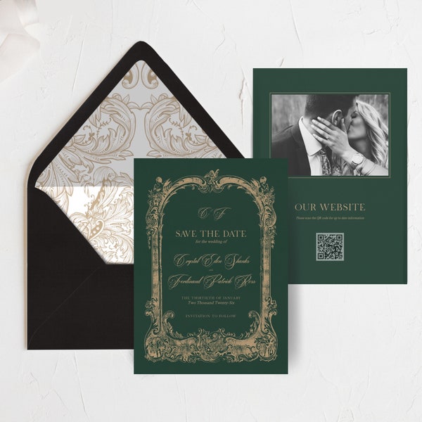 Eden: Green Wedding Save the Date, Green & Gold Wedding Save the Date, Green and Gold Wedding, Engagement Photo and QR code, Liner Included
