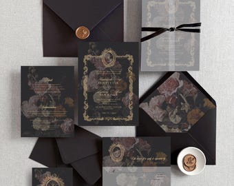 Fae | Dark Floral Wedding Invitation Set, Moody Floral Wedding Invitations, Printed Wedding Invite, Gold Crest Monogram Wedding Invitation